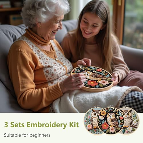 Santune Embroidery Kit for Beginners Needlepoint Cross Stitch Kits Adult Needle Point Sets with Owl Embroidery Patterns, Includes Step-By-Step Instructions and Accessories - color: Owl Series