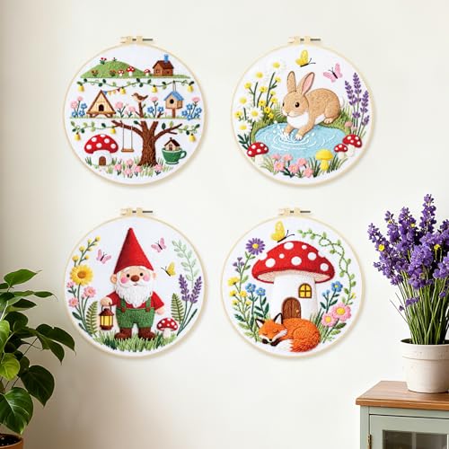 BEUNITONE 4 Set Embroidery Kit for Beginners, Fairy Tale Pattern Cross Stitch Kits, Needlepoint Kits for Adults with Instructions and Full Kit, Funny Hand Embroidery Patterns for Cloth and Home Decor - style: D-Fairy Tales