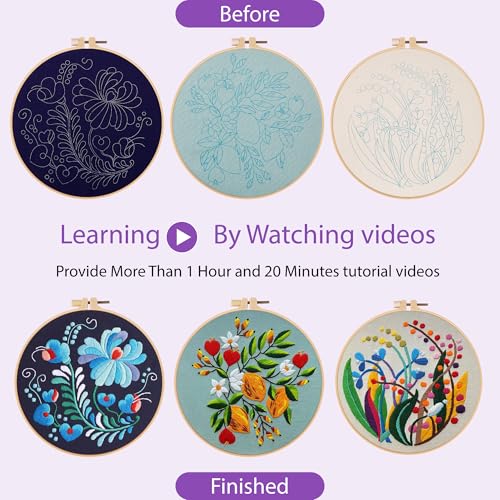 Uniartfy 3 Pack Embroidery Starter Kit for Beginners, Stamped Cross Stitch Kits for Adults with Flowers Plants and Fruits Patterns with 1 Embroidery Hoop and Color Threads, Handmade Needlepoint Kits - color: Embroidery Kit-J