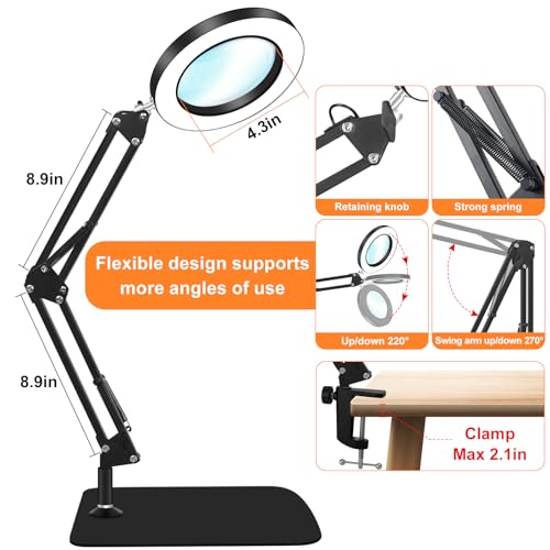 10X Magnifying Glass with Light and Stand, Dimmer Adjustable Swing Arm 2-in-1 Desk Lamp and Clamp, LED Lighted Desk Magnifier with Light for Craft Reading Repair Painting Close Work