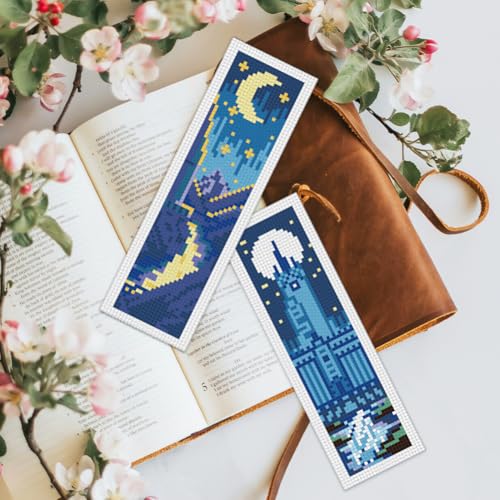 BEUNITONE 6 Pcs Cross Stitch Bookmark Kits for Adult Beginners Starry Sky Pattern DIY Stamped Embroidery Bookmark Kit with Instructions Cross Stitch Kits for Book Lovers Reader Writers Gift 2.4"x8" - style: Starlit Sky