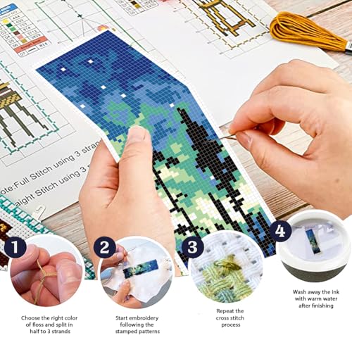 FREEBLOSS 6pcs Cross Stitch Bookmark Kit for Adult Beginners Stamped Night Landscape Cross Stitch Kits Embroidery Bookmarks Craft Kit with Instructions for Gift 11CT 8"x2.4" - style: Scenery