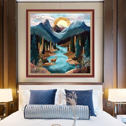 Funchey Counted Cross Stitch Kits for Adults Needlepoint Kits Unprinted Cross Stitching Embroidery Kit 11CT Cross Stitch Supplies&Landscape of Mountains Rivers 18x18 inch - color: DIYCrafts12