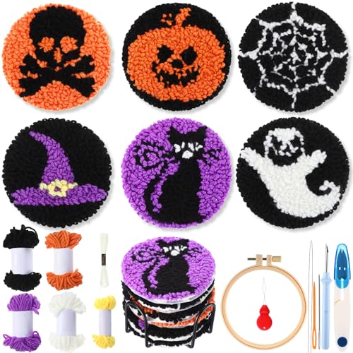 Yaomiao 6 Pcs Halloween Punch Needle Coaster Kit, Easy DIY for Beginners - style: Halloween