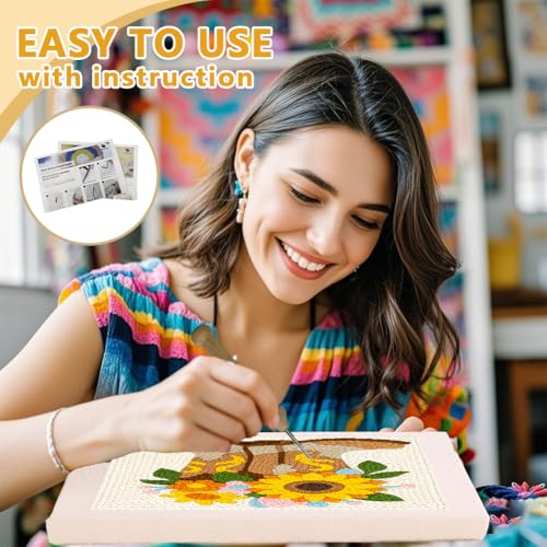 DOODLREAM Western Boots Punch Needle Kit for Beginner, 9.4"x9.4" Sunflower Punch Stitching Craft Set, DIY Embroidery Starter with Printed Frame, Instruction, Threader, Yarn, Pinch Needle - color: Western Boots