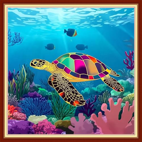 DMCVIVR Stamped Cross Stitch Kits for Beginners Adults Needlepoint Kits for Beginners Embroidery Kits for Adults Crossstitch Kit for Beginners 11CT-Underwater Turtle Coral 18x18 inchs - color: ColorNice12