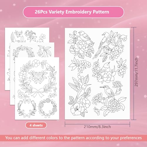 ORIGACH 4 Sheets Water Soluble Embroidery Patterns Stabilizers - Pre-Printed Birds & Flower Garlands Designs - Stick & Stitch Embroidery Paper for Hand Sewing Lovers - color: Birds & Flower Garlands