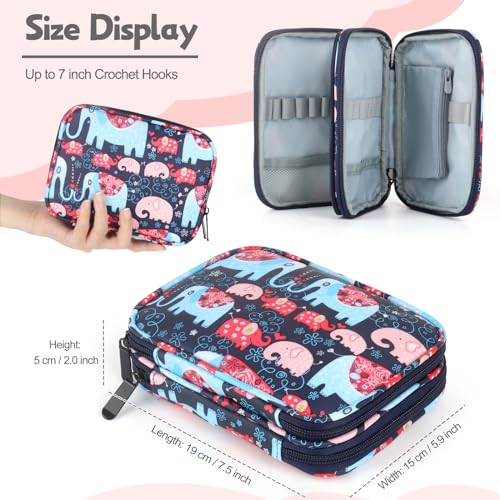 Katech Portable Travel Crochet Hooks Case w/Zippe Pocket Elephant Pattern - color: Elephant Pattern