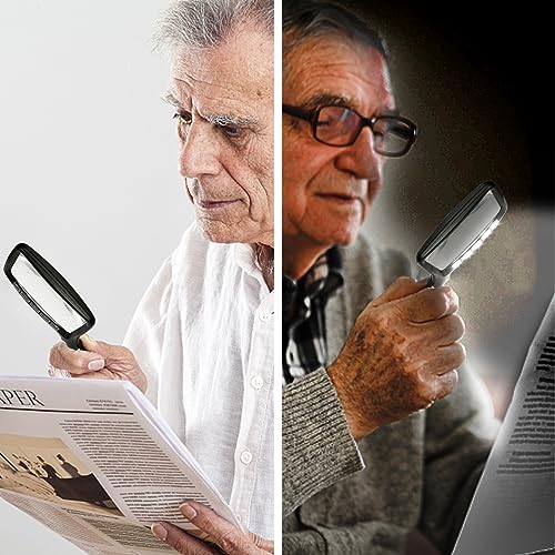 3X Folding Magnifying Glass with Light, Retancular Lighted Magnifier with 5 LED Lights, Handhold Page Magnify Lens Seniors Gift for Reading Books, Coins, Maps, Inspection, Exploring -Black - style: Folding Black