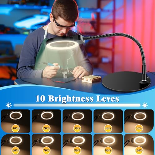 10X 30X Magnifying Glass with Light and Stand, LED Desk Lamp for Close Work - color: Black
