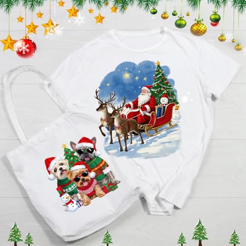 Christmas Iron on Transfer Vinyl Decals Xmas Heat Transfers Sticker Patches with Santa Reindeer Dogs Christmas Tree Patterns for Clothing Bags Pillows Decorations 4 Large Sheets - color: Christmas Iron on Transfers