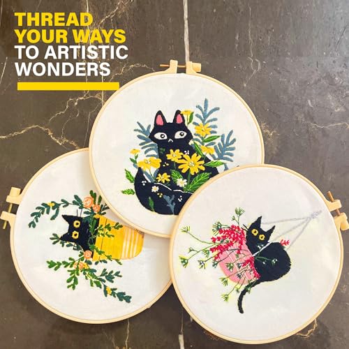 The ZenStore Embroidery Kit for Beginners – Black Cats & Kittens 3 Pattern Set – Complete DIY Needlepoint Kit with Hoops, Thread, Fabric, and Tools – Cute Animal Cat Embroidery Gift - color: Cats & kittens