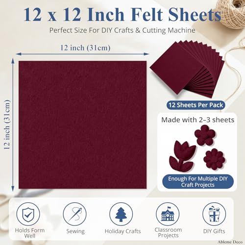 12" x 12" Felt Sheets for Crafts, 2mm Stiff Felt Fabric (12 Pcs), Burgundy - color: Burgundy