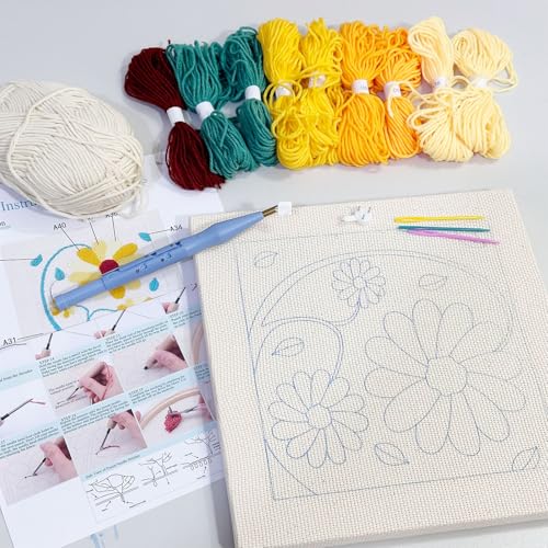 Allazone Punch Needle Embroidery Kit - Square Frame with Flower Pattern, Hoop, Yarns, Beige and Yellow - color: Beige and Yellow