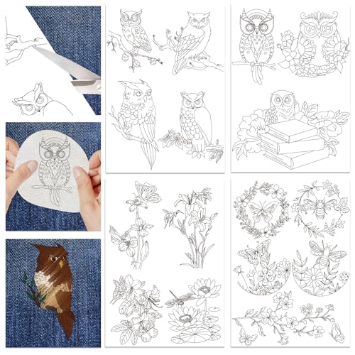 4 Sheets Water Soluble Hand Sewing Stabilizers 11.69x8.27 Inches Owl and Flower Stick and Stitch Embroidery Paper Adhesive Embroidery Transfer Paper for Shirts Coats Bags - style: Owl and Insect