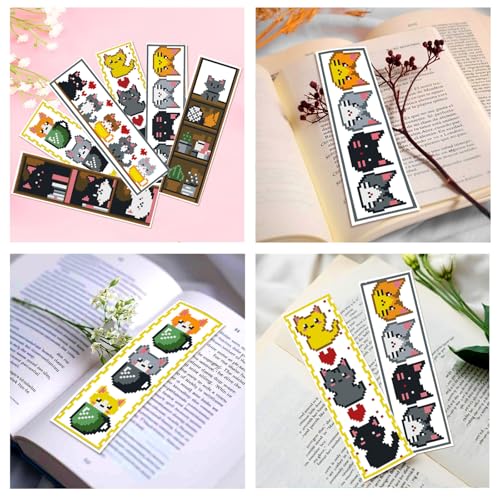 Zhenqing Bookish Cat Stamped Cross Stitch Bookmark Kit, 6 Cute Kitten Bookshelf and Mug Designs on 11CT Printed Fabric for Adults and Beginners, DIY Reading Gift for Cat and Book Lovers - color: Cat-Themed Bookmarks