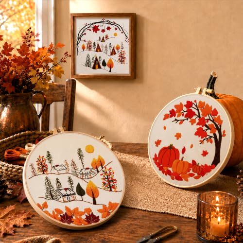 Kuabiz 5 Sets Embroidery Kits for Beginners Cross Stitch Kit for Adults Highland Cow Pattern Embroidery Starter Kit Embroiderys Hoop Needlepoint Kits with Instruction Needles Threads (Fall Leaves) - style: Fall Leaves