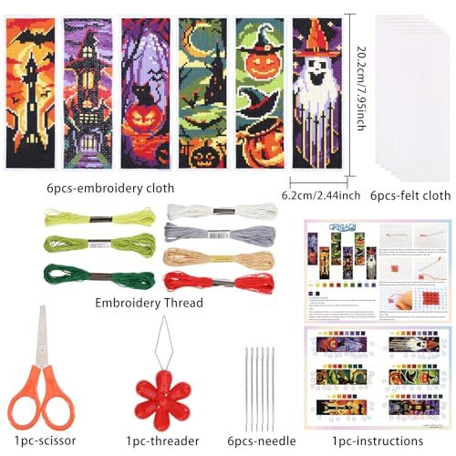 ORIGACH 6 Set Halloween Cross Stitch Bookmark Kit for Beginner - style: Halloween