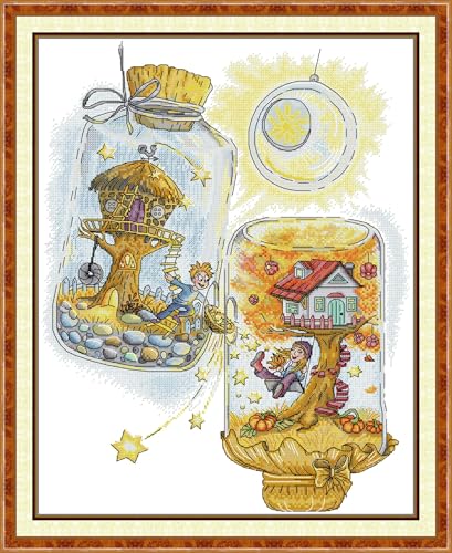 CrossNest 14CT Counted Cross Stitch Kit for Beginners, Unprinted Complete DIY Embroidery Set with Pattern & Tools, Premium Aida Cloth & Threads (Couple Wishing Bottle) - color: Pattern 13