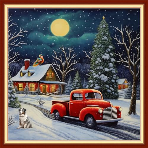 Disxvivy Cross Stitch Stamped Full Embroidery Kits DIY 11CT Cotton Thread Printed DIY Needlepoint Kits Craft Needlework Set Cross-Stitch Stamped Sets- Winter Snow Scenery 18x18 inch - color: Artstyle08