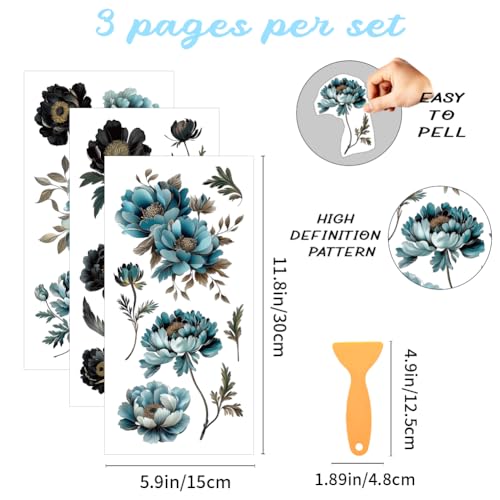 3 Sheets Vintage Cold Peony Rub on Transfers for Crafts, 12×6in - style: Blue and Black Peony