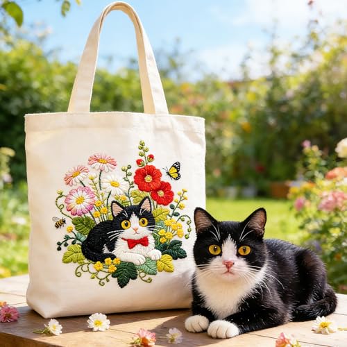 BEUNITONE 6 Set Cat and Flowers Embroidery Kit for Adults Beginners, Pre-Stamped Pattern Needlepoint Kits with Hoop, Tools, Instruction, Hand Embroidery Kits for Gifts, Fabric and Home Decor 7.9x7.9 - style: Cats Flowers