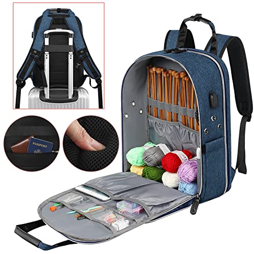 SINVICKO Crochet Bag, Knitting Bag Backpack and Totes Organizer with USB Charging Port, Large Yarn Storage Tote Bag - color: Blue