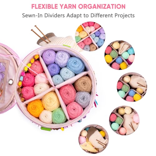 Canvas Yarn Storage Organizer with Removable Dividers, Crochet&Knitting Bag - color: Cotton Candy