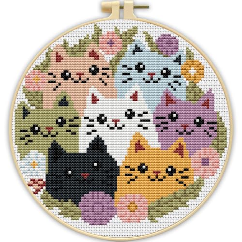 Stamped Cross Stitch Kits for Beginners Adults-Cat,with Embroidery Hoop - color: Cat-2605