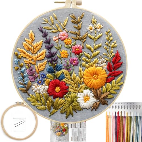 FONNUY Floral Embroidery Kit for Beginners, Colorful Flowers Pre-Stamped Pattern Kits for Adults with Hoop, Thread Needlework, 8'' Hoop (Daisy) - color: Daisy