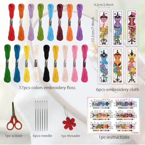 ORIGACH 6 Set Mannequin with Flowers Cross Stitch Bookmark Kit for Beginner - style: Mannequin with Flowers