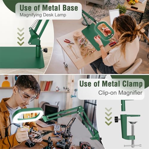 Veemagni 12X Rectangle Magnifying Glass with Light and Stand, 5 Color Modes Stepless Dimmable, 2-in-1 LED Lighted Desk Lamp & Clamp, Hands Free Magnifier for Reading Crafts Painting Close Work - Green - color: Green