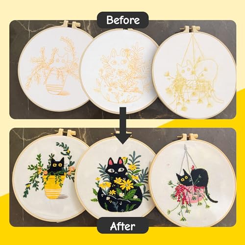 The ZenStore Embroidery Kit for Beginners – Black Cats & Kittens 3 Pattern Set – Complete DIY Needlepoint Kit with Hoops, Thread, Fabric, and Tools – Cute Animal Cat Embroidery Gift - color: Cats & kittens