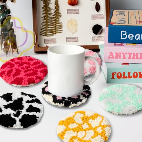 WATINC Spotted Punch Needle Coaster Kit - 22Pcs Crafts Punch Needle Coasters Kits for Beginners, 6 Colors Spotted Coaster Tufted Rug Pads with Adhesive Felt Yarns Embroidery Hoop Instruction