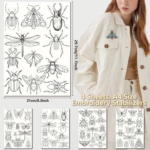 51Pcs Water Soluble Embroidery Designs Insect Embroidery Patterns Butterfly Bee Insect Theme Stick and Stitch Wash Away Transfer Paper Stabilizers for Hand Sewing Beginners 11.7 x 8.3 Inch - color: Insects