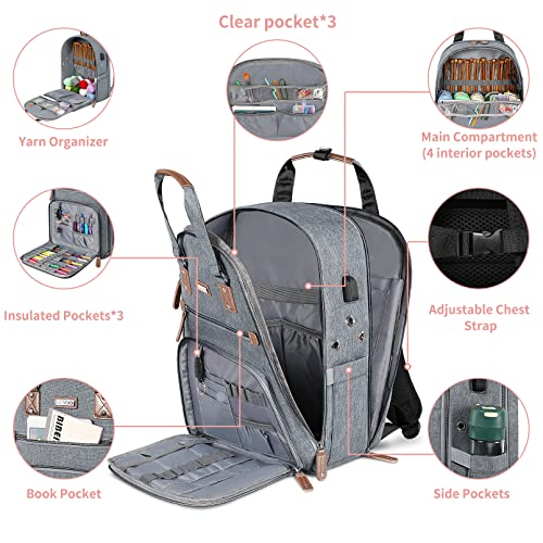 SINVICKO Crochet Bag, Knitting Bag Backpack and Totes Organizer with USB Charging Port, Large Yarn Storage Tote Bag - color: Grey