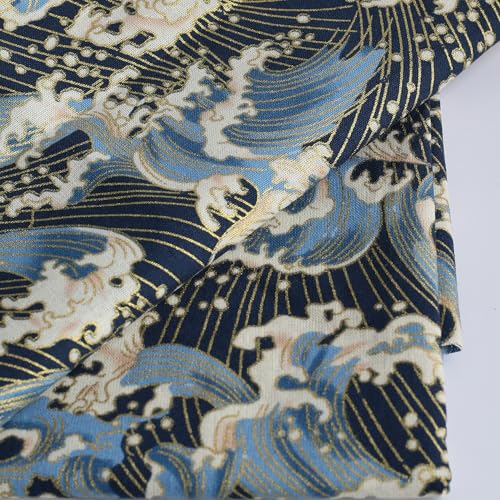 Sea Wave Fabric,160 GSM Japanese Blue Cotton Fabric Gold Hot Stamping,59 Inches Wide for Sewing Clothing Bag Tablecloth Sofa Pillow DIY Craft (3 Yard pre Cut) - color: Sea Wave, size: 3 yard Pre Cut