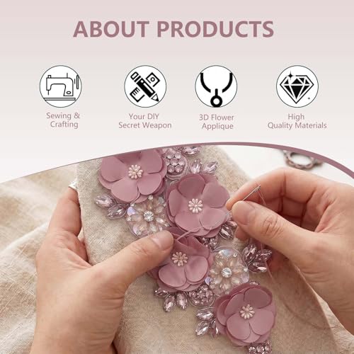 Handmade 3D Flower Embroidery Applique Rhinestone Lace Patches, Dusty Pink - color: Dusty Pink