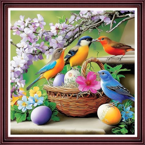 Funchey Counted Cross Stitch Kits for Adults Needlepoint Kits Unprinted Cross Stitching Embroidery Kit 11CT Cross Stitch Supplies-Flower Basket Bird 18x18 inch - color: ArtsKit28