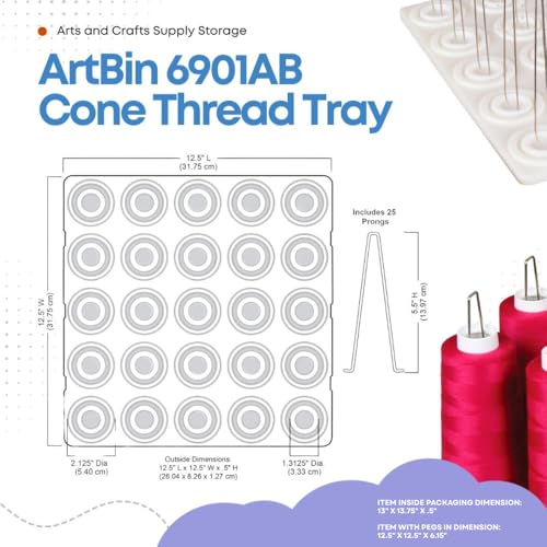 ArtBin 6901AB Cone Thread Tray, Sewing & Embroidery Serger Cone Thread Spool Assortment Organizer, Super Satchel System Accessory, Up To 25 Traditional Spools or Up To 50 Mini Spools, White