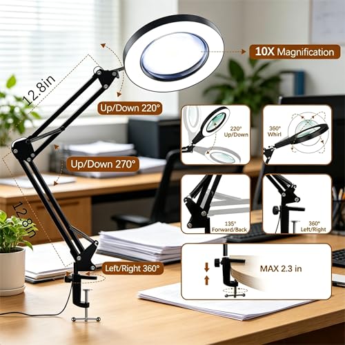 10X Magnifying Glass with Light and Clamp, Magnifier with Light Hands Free3 Color Modes Stepless Dimmable, 72 LEDs Real Glass Lens Magnifying Lamp for Close Work, Repair, Reading, Craft - color: Black