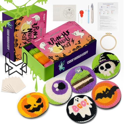 yuegool 6PCS Halloween Punch Needle Coasters Kit – Easy DIY Embroidery Kit for Beginners, Adults & Kids | Includes Patterns, Tools, Yarns, Hoop, Instructions, Coaster Holder - color: Enchanted Oddities, size: 4-inch diameter