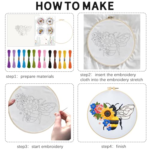 INFUNLY 4 Sets Bees and Flower Embroidery Kits for Beginner DIY Cross Stitch Starter Sets with Instruction Sunflower Honeybees Handmade Needlepoint Kits with Embroidery Cloth Colored Thread Hoop Tools - style: Bees