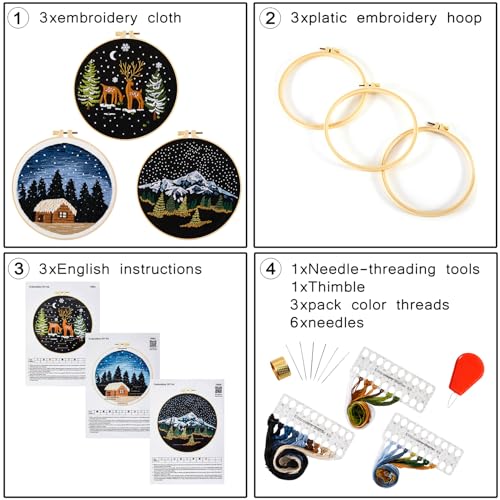 Armindou Embroidery Kit for Beginner Adults, Counted Stamped Cross Stitch kit for Adult Beginner, Hand Embroidery Starter Kits with Pattern, 3 Embroidery Hoop, Fabric (Attached Teaching Video QR Code) - color: Night Scene, size: 8inch
