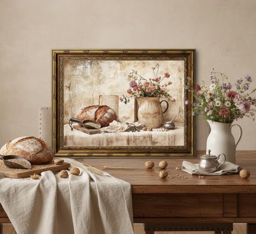 Glod Framed Vintage Kitchen Canvas Wall Art Farmhouse Rustic Cottage Sourdough Bread Still Life Paintings Pictures Wall Decor Posters Prints Artwork for Office Gallery Home Decoration - color: Bread, size: 16"L x 12"W