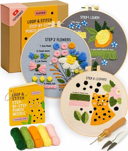 3-Step Punch Needle Kit for Beginners – Learn 14 Stitches with DIY Kit, Needlepoint Instructions & Practice Patterns, Embroidery Art & Craft Project for Adults with Video Tutorial