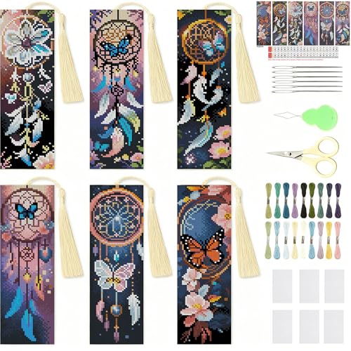 NEGEKFKX 6 Pcs Dreamcatcher Cross Stitch Bookmark Kit for Adult Beginners - color: Cross stitch bookmark-16