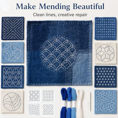 61 Pcs Sashiko Thread Kit with Plastic Sashiko Stencil, Embroidery Kit Fits for Sashiko Stitching, Hand Quilting Mending Supplies, Japanese Sewing Patterns for Beginners Visible Mending Kit Set