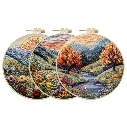 EUBUY Landscape Embroidery Kits for Beginners, Embroidery Kits for Beginners Adults, Beginners Embroidery Starter Kit with Pattern, Needle Thread DIY Embroidery Material Kit - color: Type 2