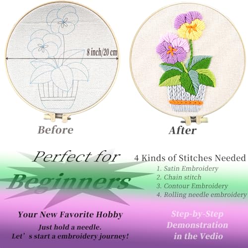 FONNUY Embroidery Kit for Beginners，3D Plants Flowers Pre-Stamped Pattern Kits Brightly Colored for Adults with Hoop (Purple Orchid) - color: Purple Orchid
